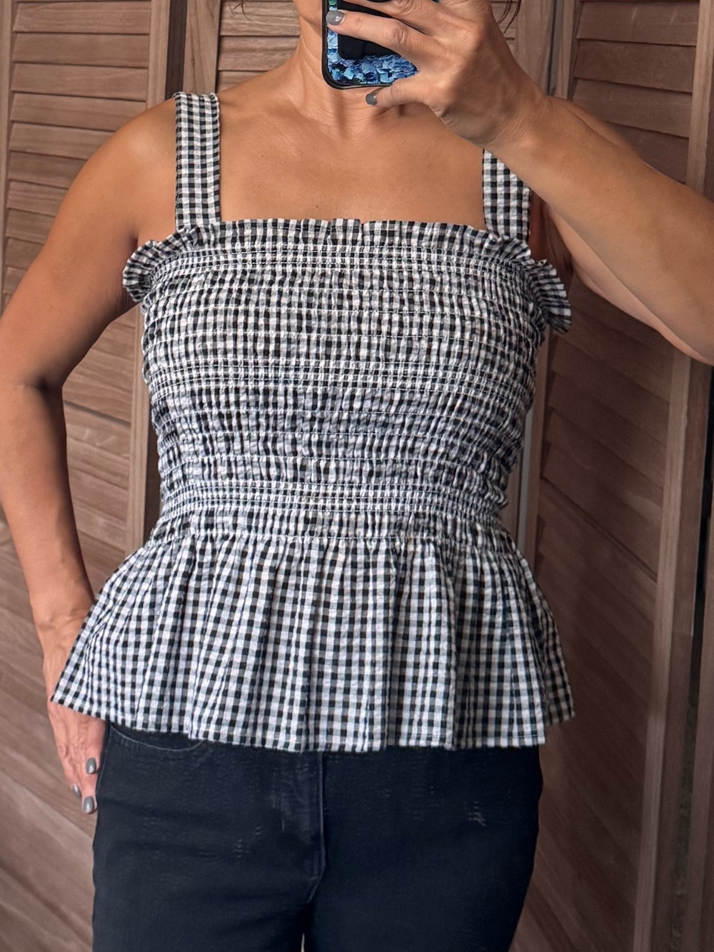 Urban Outfitters Black and White Gingham Smocked Peplum Cami